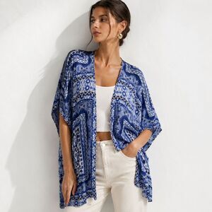 Boho Blue White Kimono Cardigan Paisley Lace Beach Cover Up New Blue Rain M